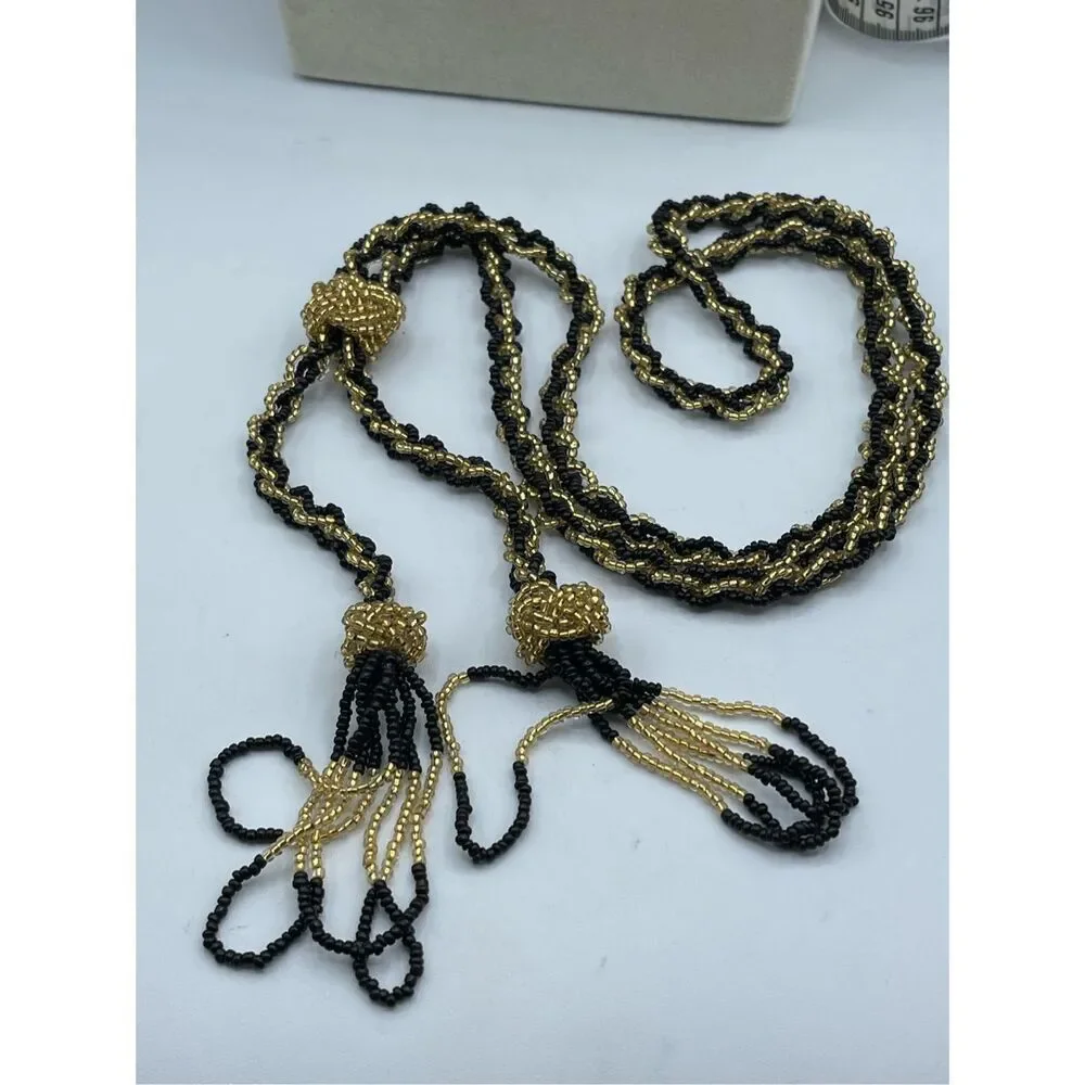Vintage long seed bead flapper style black n gold necklace - Picture 2 of 11